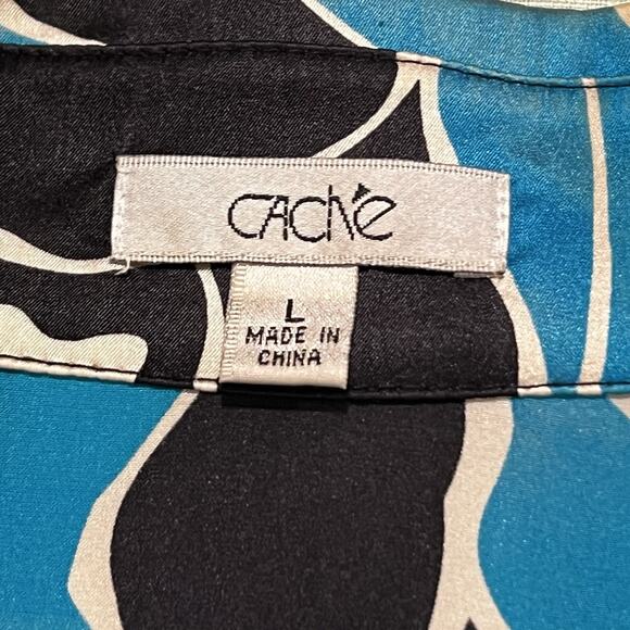 Vtg 90s Y2k Cache Silk Blend Blue Black Artsy Long Sleeve Blouse Cross Front L - Picture 6 of 10